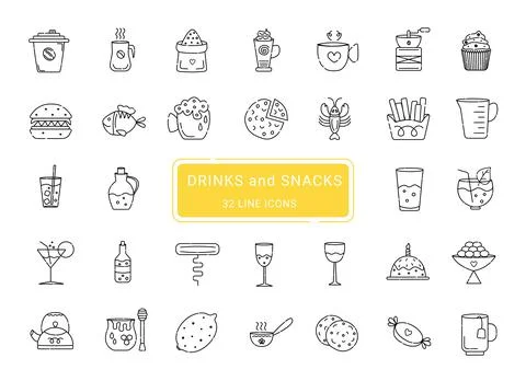 Drinks and snacks, 32 line vector icons Stock Illustration