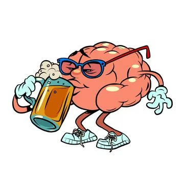 Drinks beer at the bar human brain character, smart wise Stock Illustration