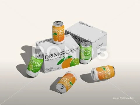 Drinks Can with Packaging Box Mockup, Scattered Layout Modello PSD