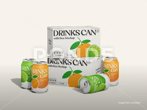 Drinks Can with Packaging Box Mockup, Stacked Layout PSD 템플릿