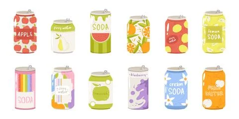 Drinks in cans, different soda beverage can. Juicy limonade packaging design 库存插图