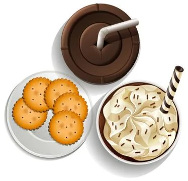 Drinks in disposable cups and a plate with biscuits Stock Illustration