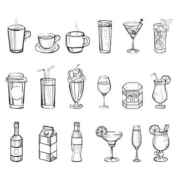 Drinks Doodle Set. Handdrawn Vector Illustration Stock Illustration