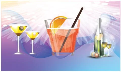 Drinks glasses and bottle on abstract background Stock Illustration