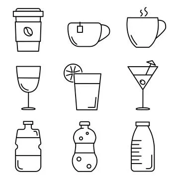 Drinks, Glasses and Cups. Set of Flat Icons. Black Stroke on White Background Stock Illustration