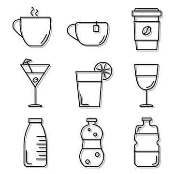 Drinks, Glasses and Cups. Set of Flat Icons. Black Stroke on White Background Stock Illustration