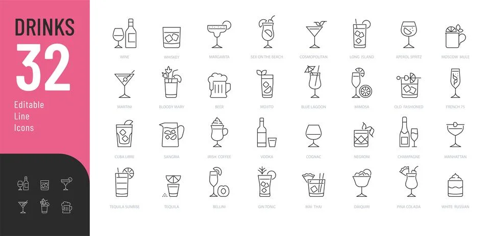Drinks Line Editable Icons set. Stock Illustration