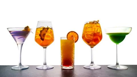 Drinks lined up with white background Stock Photos