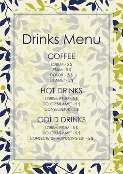 Drinks menu elegant restaurant template. Wedding menu. Cafe identity. Vintage Stock Illustration