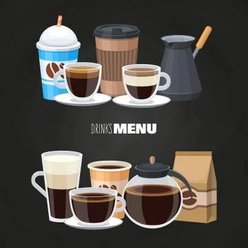 Drinks menu elements on blackboard - vector coffee shop flat design Stock Illustration