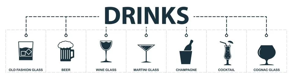 Drinks set icons collection. Includes simple elements such as glass, whiskey Illustrazione stock