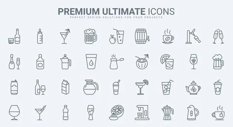 Drinks thin line icons set, restaurant, bar menu collection with water, alcohol Stock Illustration