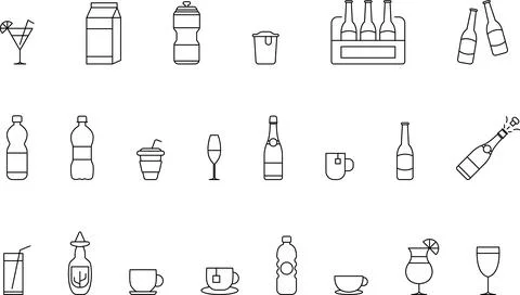 Drinks thin line icons set. Beverages and smoothies icon set. Water, cocktails Stock Illustration