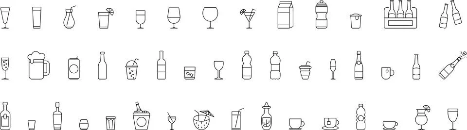 Drinks thin line icons set. Beverages and smoothies icon set. Water, cocktails Stock Illustration
