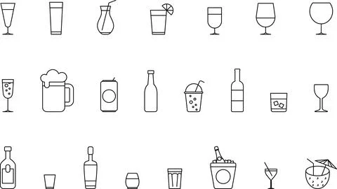 Drinks thin line icons set. Beverages and smoothies icon set. Water, cocktails Stock Illustration