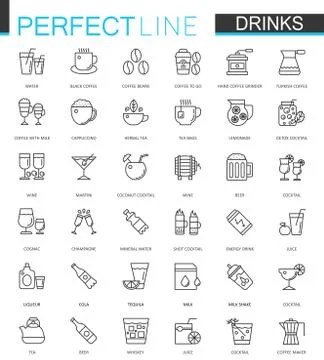 Drinks thin line web icons set. Drink Outline stroke icon design. Stock Illustration