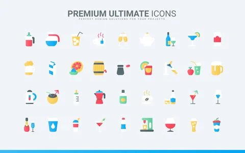 Drinks trendy flat icons set, restaurant, bar menu collection with water Illustrazione stock