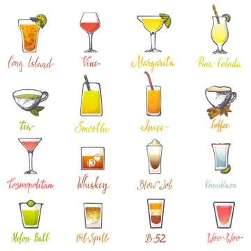 Drinks vector alcoholic beverage and drinkable cocktail with ice in glass on bar Stock Illustration