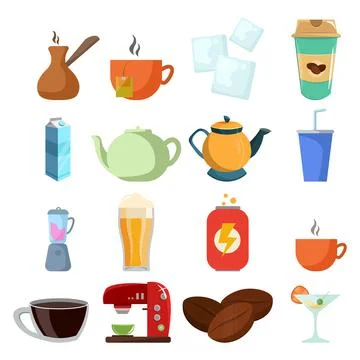 Drinks vector clip art set with beer, coffee, milk box, soda, energy drink, c Stock Illustration