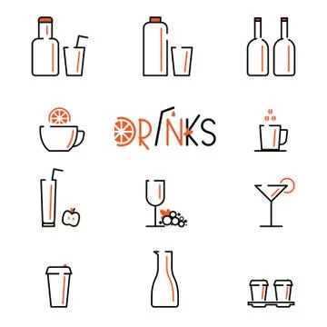 Drinks vector line icons set. Contains icons cup of tea, coffee, glass of vine.  Stock Illustration