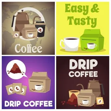 Drip brewed coffee square posters set, flat vector illustration. Stock Illustration