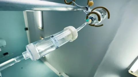 Drip chamber with a dropper bottle with the IV on a stand. Intravenous injection Stock Footage 257956157