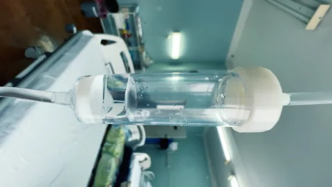 Drip chamber in an IV hanging on a stand against the blurred medical beds Stock Footage 258606101
