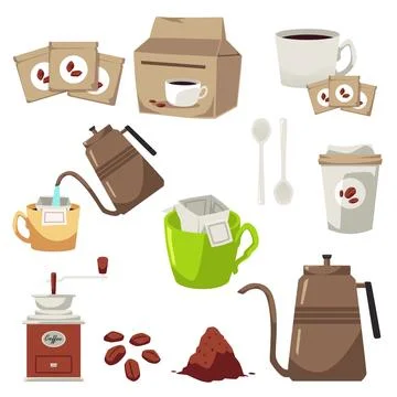 Drip coffee and brewing process icons set of flat vector illustration isolated. Stock Illustration