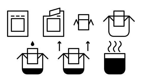 Drip coffee bag brewing instruction icons set Stock Illustration