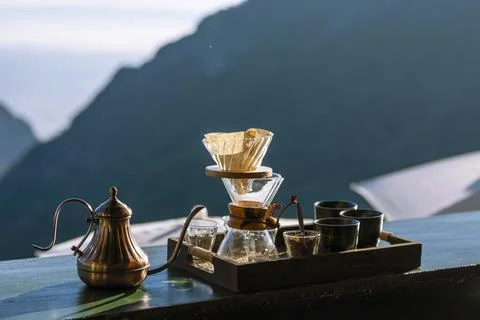 Drip coffee set with mountain view in the morning Stock Photos