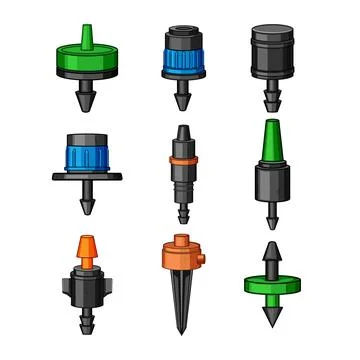 Drip irrigation emitters assortment for efficient watering systems Illustrazione stock