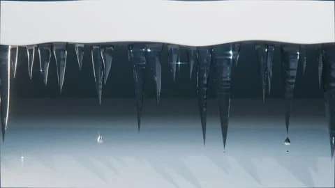 Dripping icicles releasing droplets falling from snow-covered roof eave, Stock Footage 340268340