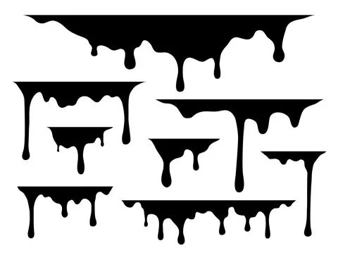 Dripping liquid. Drips black paint silhouette, current drops and stains Stock Illustration