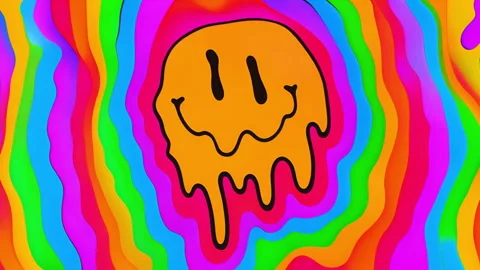 Dripping smiley face animation over vibrant, colorful psychedelic background Stock Footage 308843513