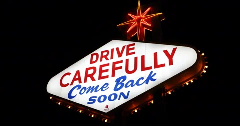 Drive Carefully Come Back Soon Icon Las Vegas Neon Sign Illuminated Night Lights Stock Footage 44416708