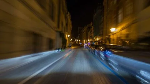 Drive at fast speed at the night streets timelapse hyperlapse drivelapse. Stock Photos
