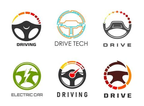Drive icons, steering wheel, tech and safe drive Illustrazione stock