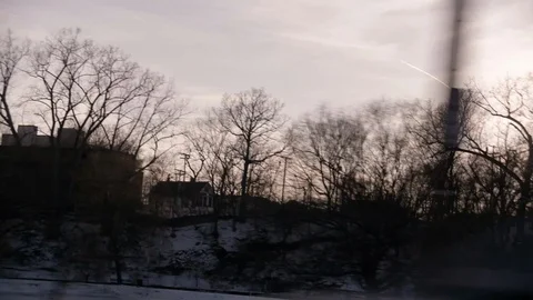 Drive by of park with barren trees in winter Stock Footage 89944714
