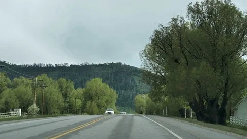 Drive Plate-2Lane Passing trees to Mountain Oncoming Traffic Stock Footage 76594598