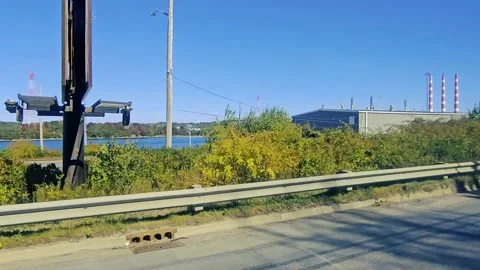 Drive Plate- Left side-Water front-3 smoke stacks-Halifax-Tuft's Cove Power 스톡 동영상 337327592