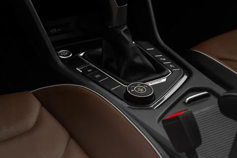 Drive selector button. Car interior, offroad drive controller closeup view. W Photos