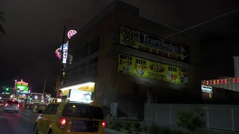 Drive by shot circus circus sign at night vegas strip Stock Footage 83469439