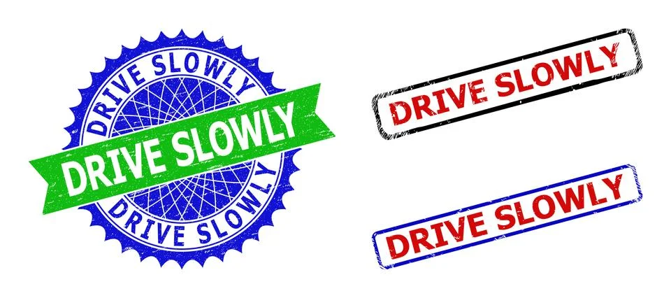 DRIVE SLOWLY Rosette and Rectangle Bicolor Stamp Seals with Rubber Surfaces Illustrazione stock