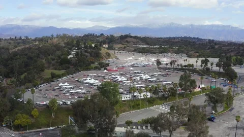 Drive Through Vaccination Site at Dodger Stadium Los Angeles California Drone Stock Footage 335299326