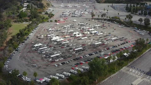 Drive Through Vaccination Site at Dodger Stadium Los Angeles California Drone Stock Footage 335299344