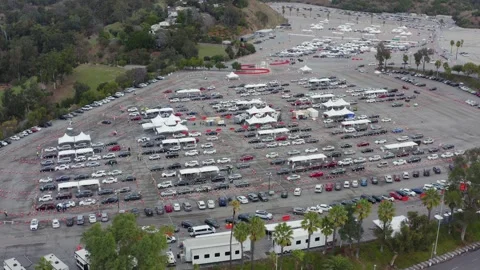 Drive Through Vaccination Site at Dodger Stadium Los Angeles California Drone Stock Footage 335299391