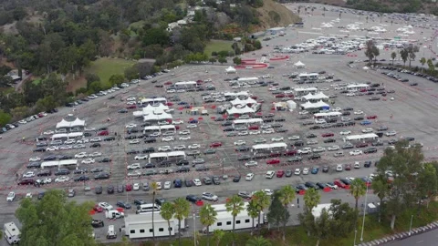 Drive Through Vaccination Site at Dodger Stadium Los Angeles California Drone Stock Footage 335299401