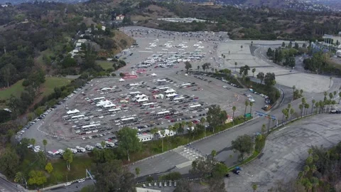 Drive Through Vaccination Site at Dodger Stadium Los Angeles California Drone Stock Footage 335299414