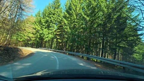 Drive winds through forested mountain road. Balkan, Eastern Europe, POV Vídeos de archivo 331783259