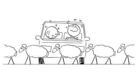Driver and Passenger in Car Fall a Sleep While Sheep Crossing the Road, Vector Stock Illustration